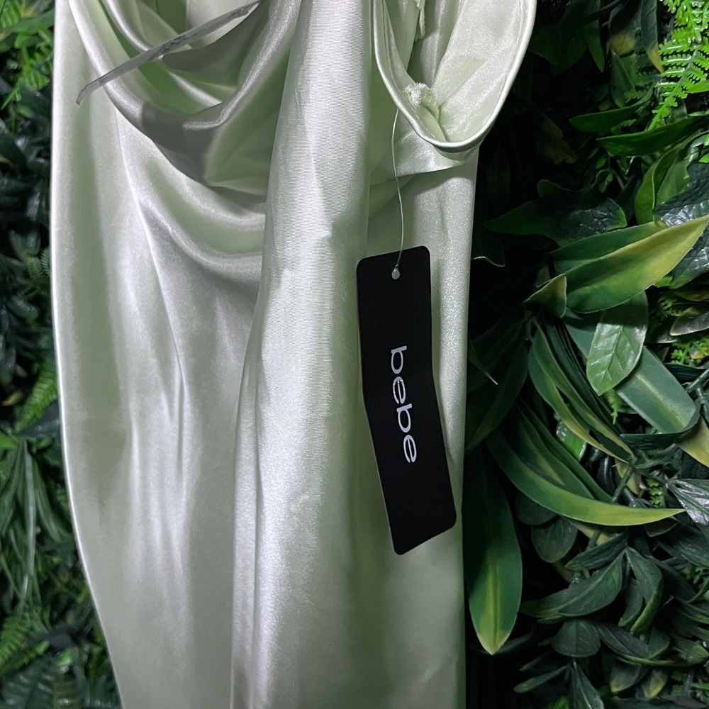 Bebe Dress Large Womens Green Satin Cowl Neck Slip Midi Cocktail 3711 - Picture 9 of 9